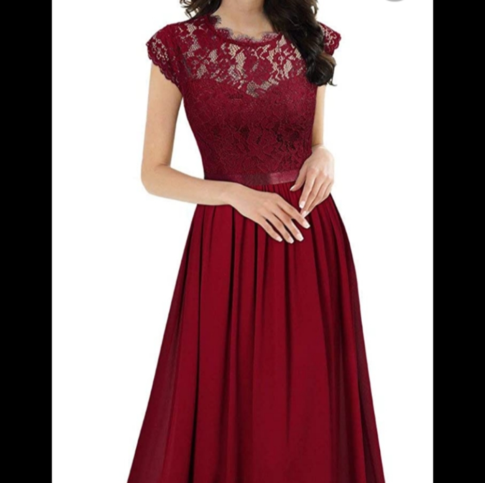 Miusol Burgundy Formal Floral Lace Evening Dress